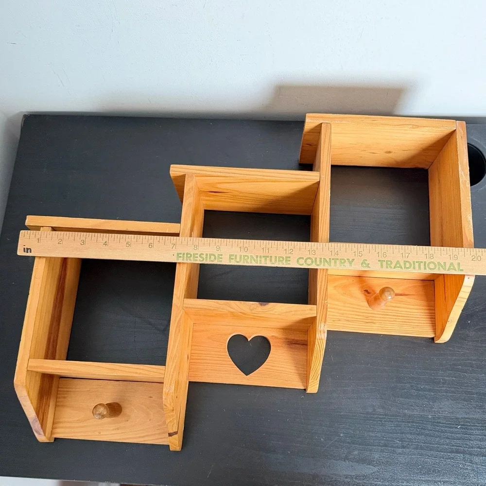 Vtg Pine Staggered Wall Shadow Box Shelf Heart Cutout 3 Tier Rustic Farmhouse